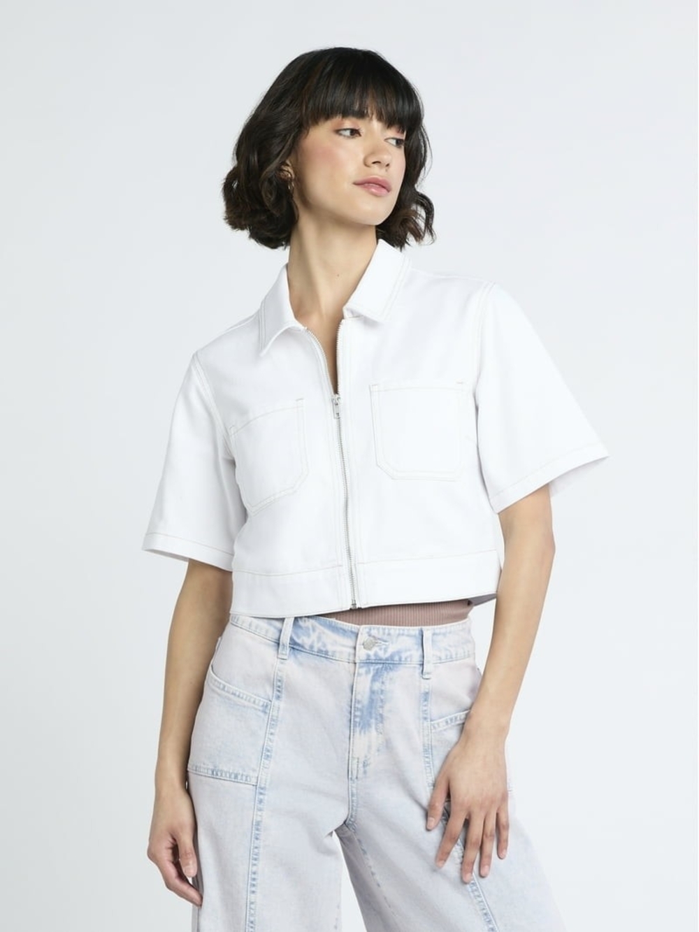 Madden NYC Cropped Zip Up Trucker Jacket White Size M